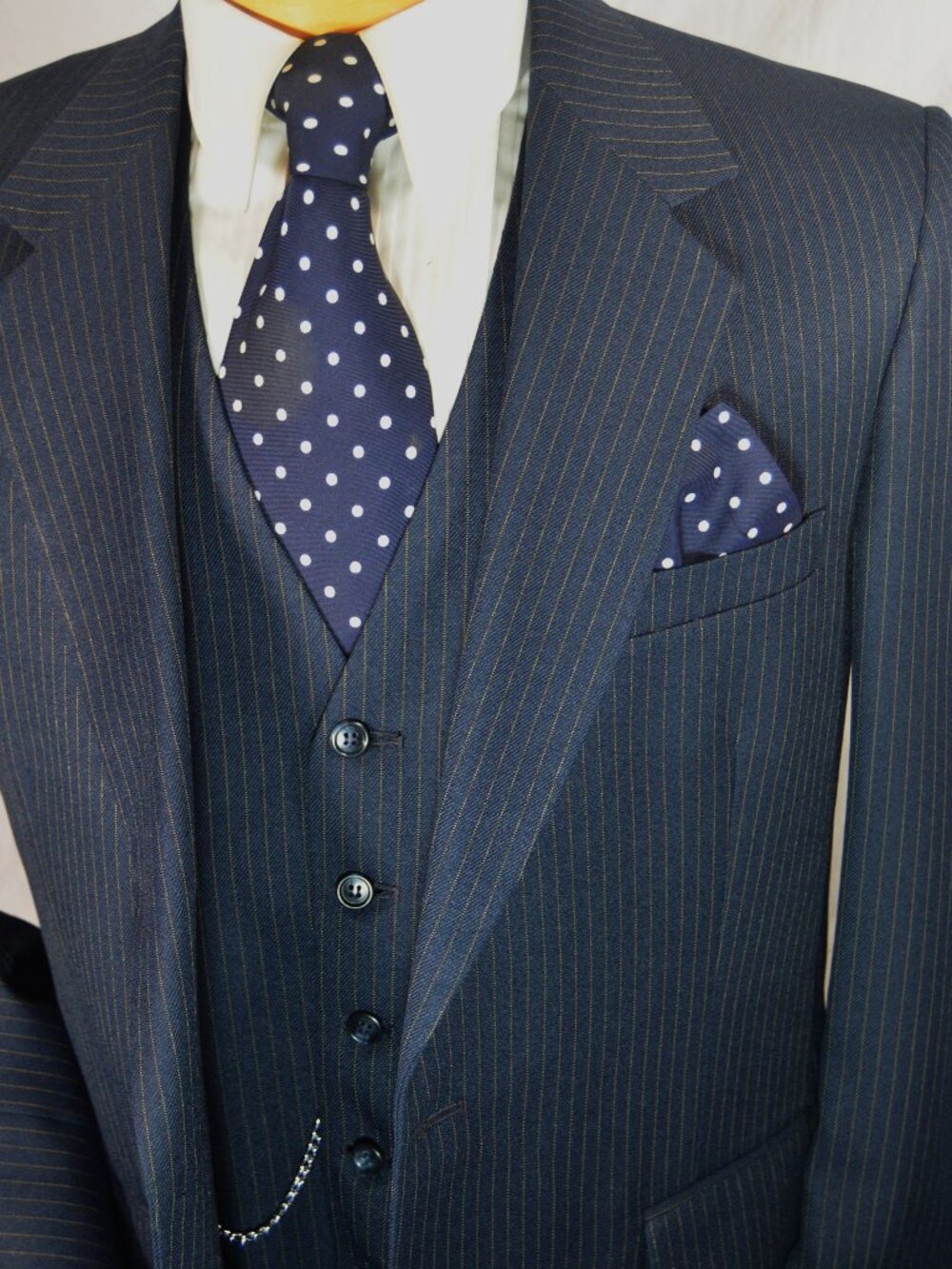 Vtg 70's 80's Sears Comfort Suit 3 piece Blue Gold Pinstripe 42 R 33 x 30 Slim - Picture 2 of 7